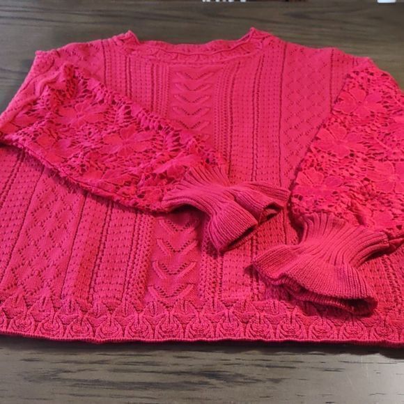 Red Open Knit Round Neck Sweater with Long Lace Flounce Sleeves Sz XL - Picture 7 of 11